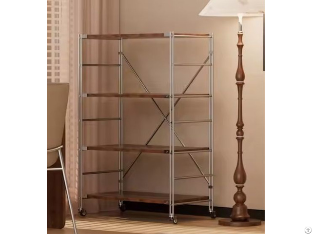Wood Shelf Metal Frame Bookshelf Kitchen Microwave Storage Display Rack With Casters