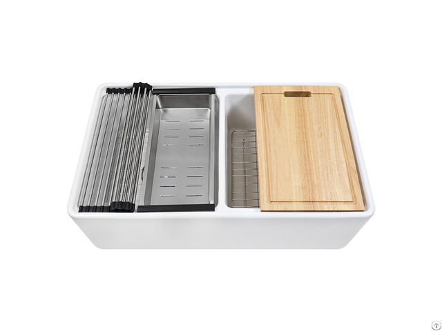 33x19 Porcelain Kitchen Double Bowl Workstation Sink Wt Accessories Pk D031