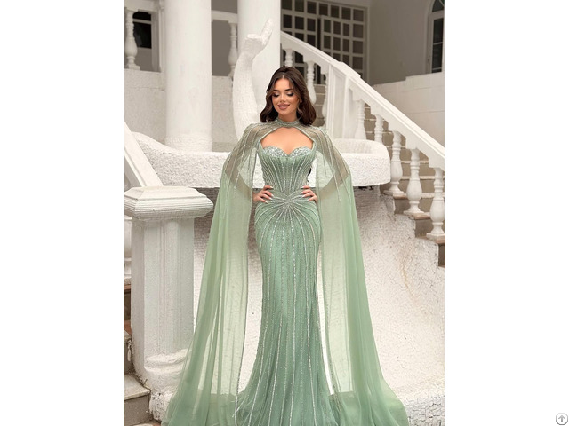 Mb40365c Hot Sale Embellished With Exquisite Beaded Crystal Elegant Cape Sleeves Prom Evening Gown