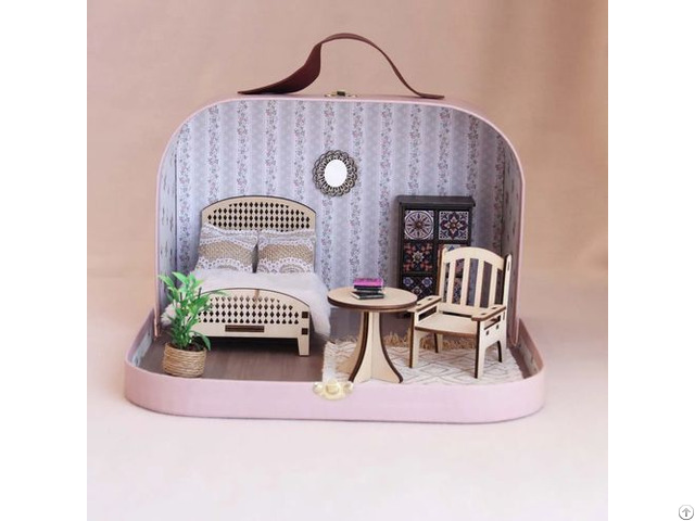 Dollhouse In Suitcase With Wooden Bedroom