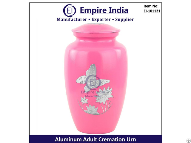Pink Butterfly And Lotus Engraved Aluminum Adult Cremation Urn Manufacturer Empire India Moradabad
