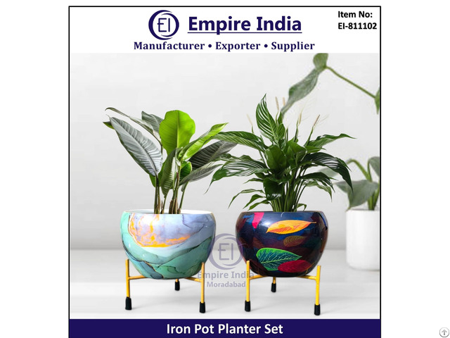 Colorful Designer Iron Pot Planter Set With Stand Modern Decorative Metal Flower Pots Empire India