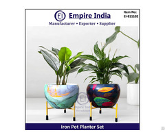 Colorful Designer Iron Pot Planter Set With Stand Modern Decorative Metal Flower Pots Empire India