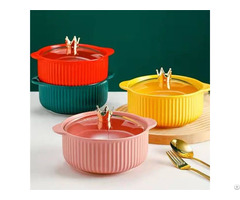 Custom Microwave Ceramic Soup Bowl With Handle And Lid