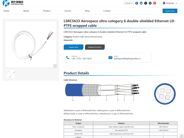 Lsrc5633 Aerospace Ultra Category 6 Double Shielded Ethernet Ld Ptfe Wrapped Cable
