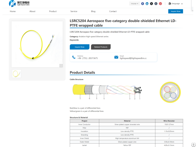 Lsrc5204 Aerospace Five Category Double Shielded Ethernet Ld Ptfe Wrapped Cable