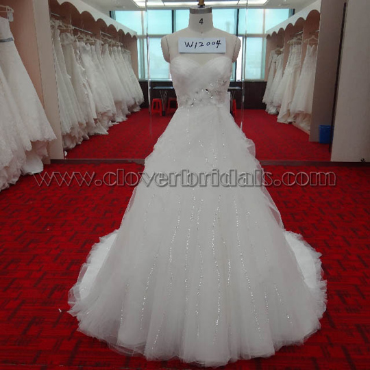 A Line Sweetheart Chapel Train Tulle Satin Bridal Dress