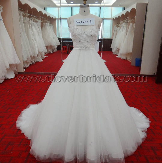 A Line Sweetheart Chapel Train Tulle Satin Crystal Flower Sequins Bridal Wear