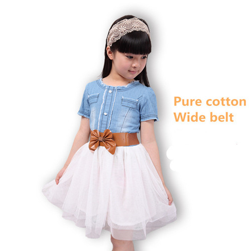 Girls Summer Preppy Style Pure Cotton Blue Jean Dresses Voile Short Sleeve With Bow Sashes For 6 13y