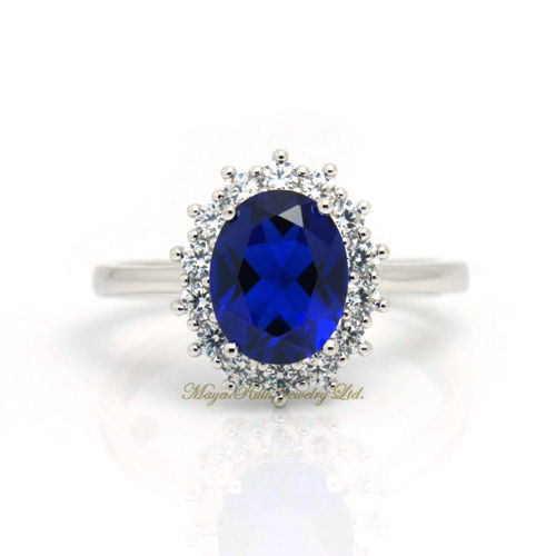 Synthetic Sapphire Ring William And Diana Item 925 Sterling Silver White Gold Plated