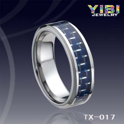 Tungsten Men S Blue Carbon Fiber Inlay Beveled Edge Ring