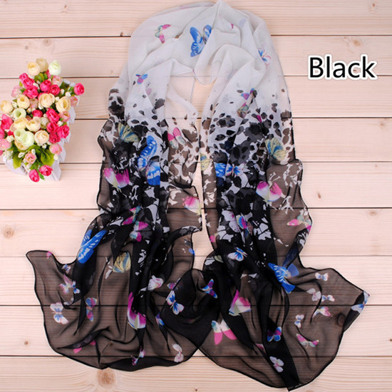 New Style Fresh And Elegant Scarf Butterflies Flowers Pattern Chiffon Lady